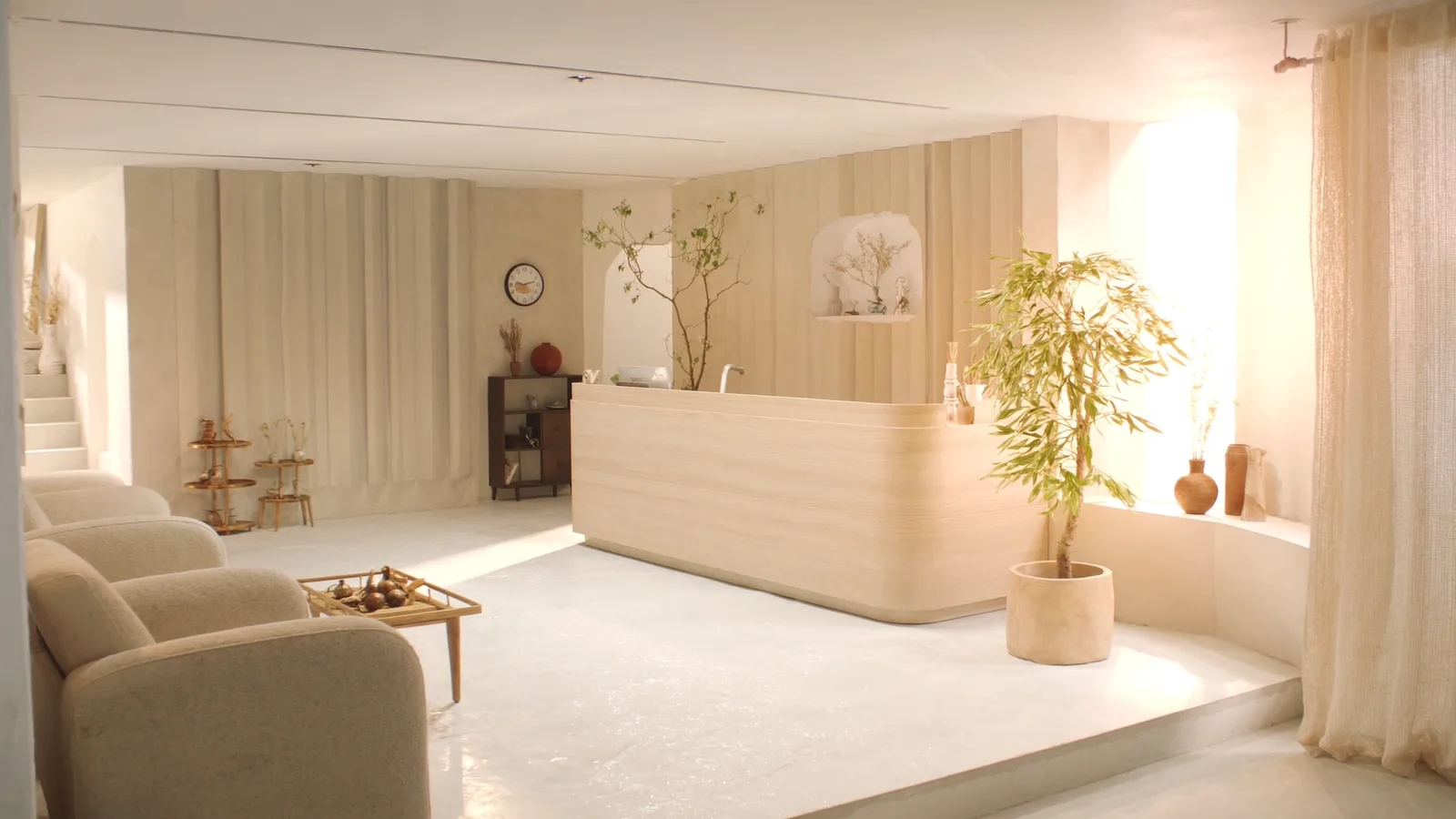 A calm clinic reception area in morning light
